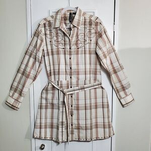 Cowgirl plaid shirt dress with Western-style embroidery and self-tie belt Size L